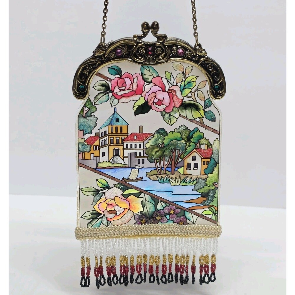 AMIA Hand Painted Stained Glass Purse Shaped Suncatcher Floral Old Town Fringed